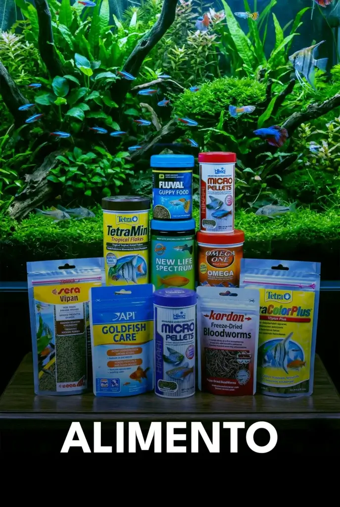 Alimento para peces de alta calidad con vitaminas y potenciadores de color.