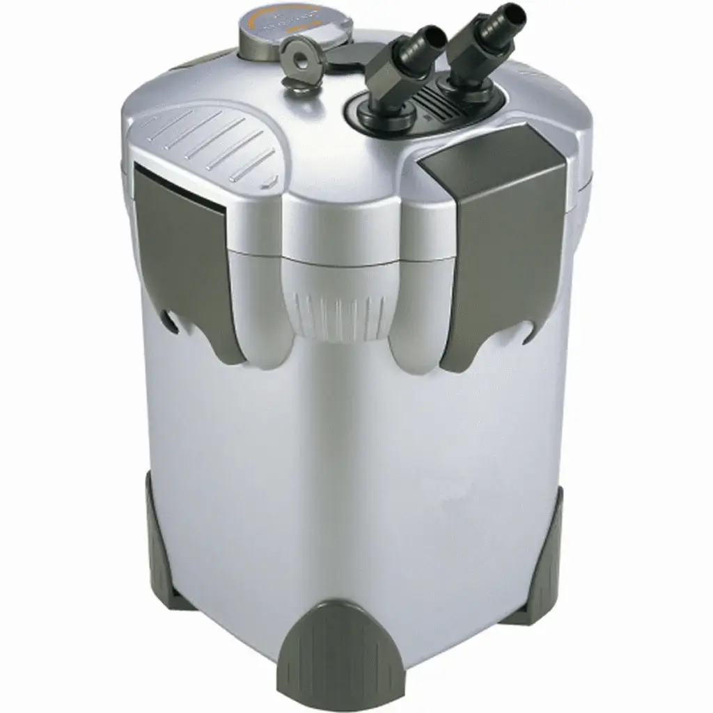 Filtro botellón canister externo profesional con múltiples etapas de filtración y mangueras de entrada y salida.